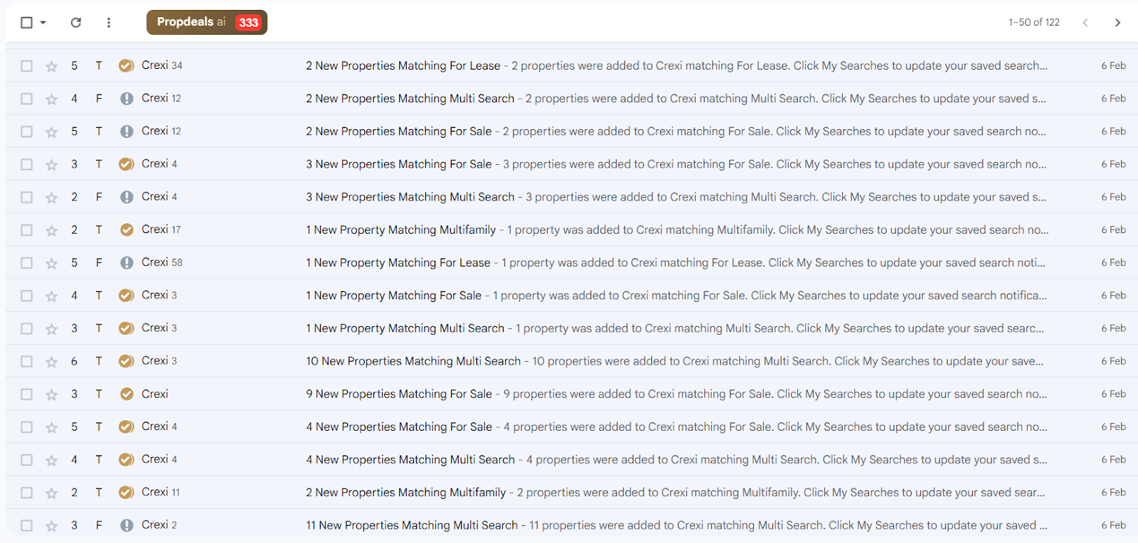 Gmail inbox flooded with hundreds of property emails, the problem Propdeals AI solves