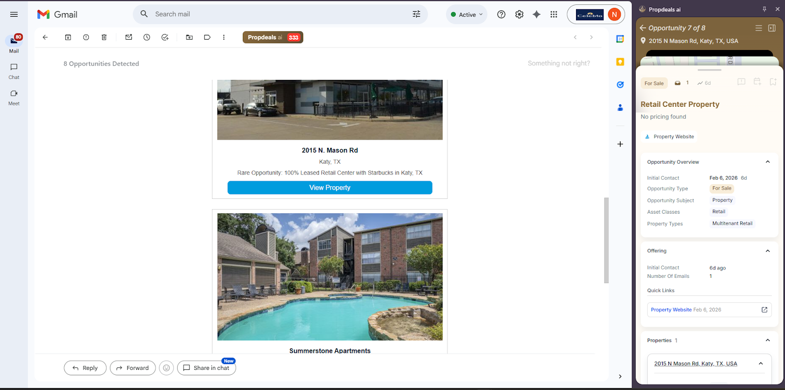 Propdeals AI side panel, structured deal details with map, pricing, and asset info